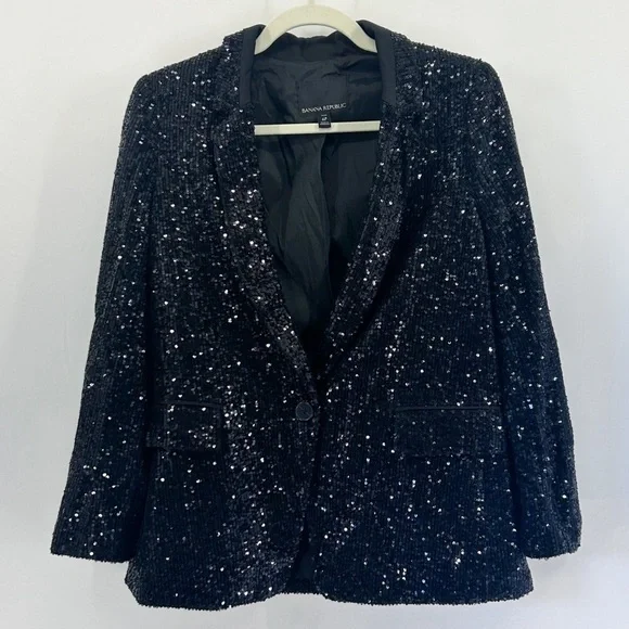 Banana Republic Black Sequin Blazer High Waisted Wide Leg Pants Set Size 6 Small